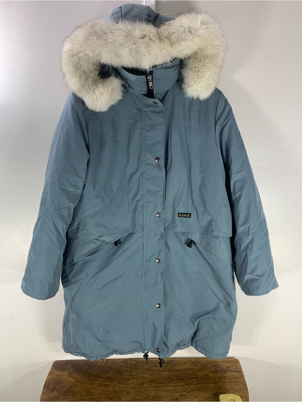Vintage KANUK Women’s Parka Jacket Genuine White Fox Fur Hood Blue Gray